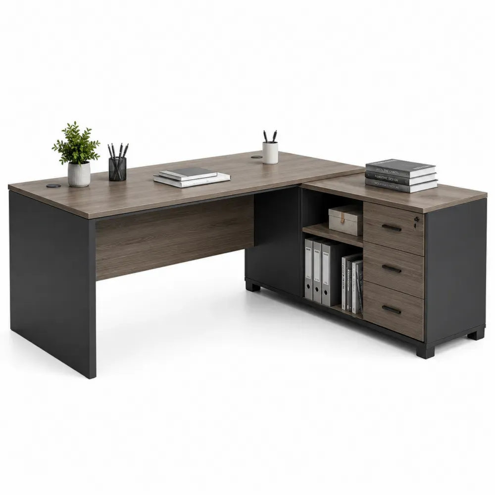 L Schreibtisch mit Schrank 3 Schubladen Spanplatte Walnussbraun Schwarz 160 x 120 x 75 cm