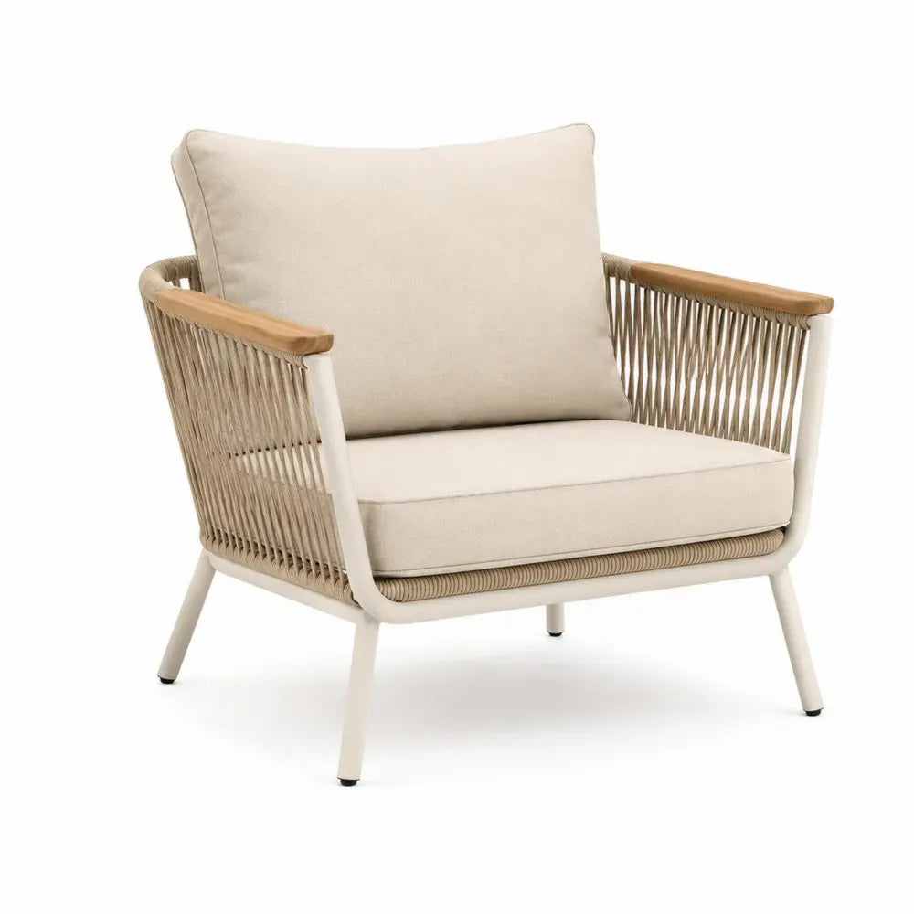 Gartensessel mit Armlehnen Sitzkissen Rückenkissen Aluminium PP-Seilgeflecht Akazienholz creme natur beige 78 x 76 x 82 cm