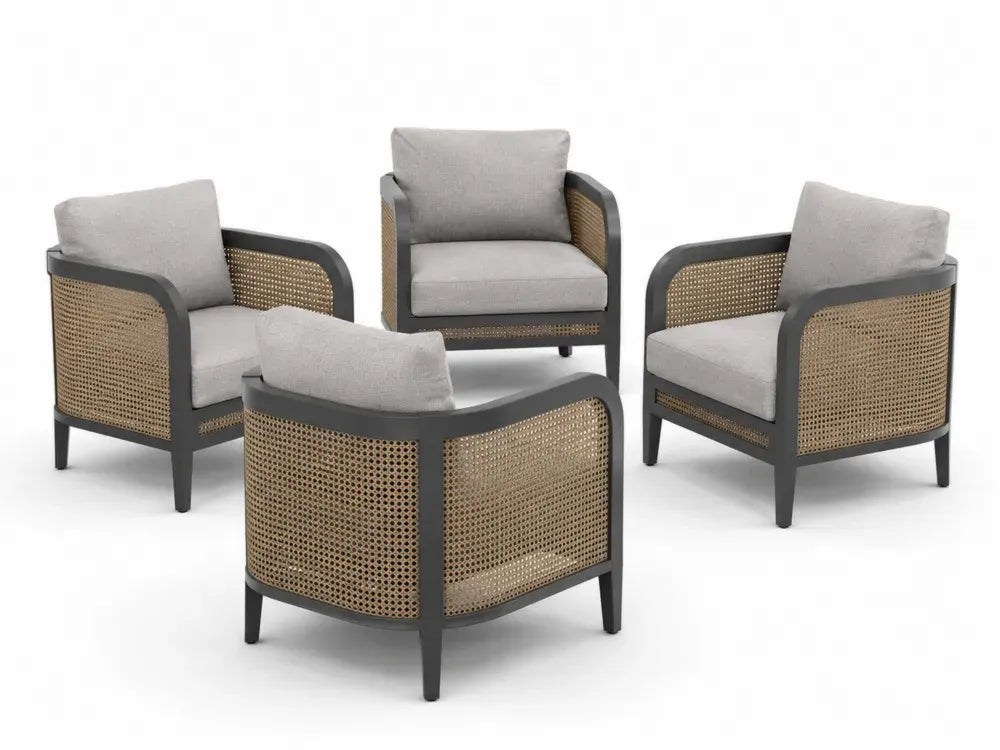 Gartenstühle 4er Set mit Armlehnen und Kissen rechteckig Aluminium PE-Rattan Polyester Grau Naturbeige Anthrazit 68 x 72 x 78 cm