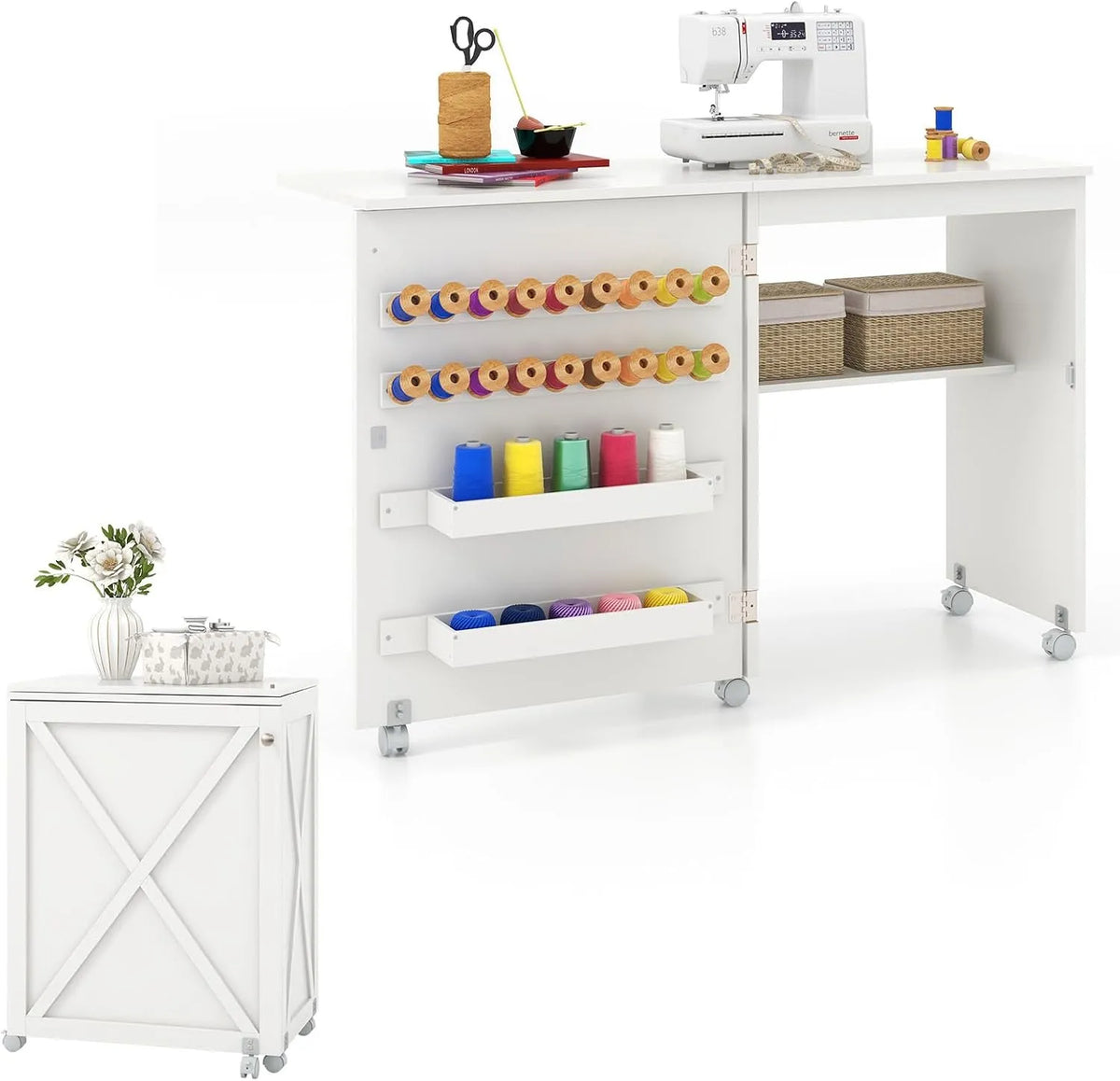 Nähmaschinenschrank, Schreibtisch, Nähschrank, Nähtisch, elektrische Nähmaschine, 116 x 40 x 76 cm, Transportrollen, Weiß, Holz, für Zuhause & Büro
