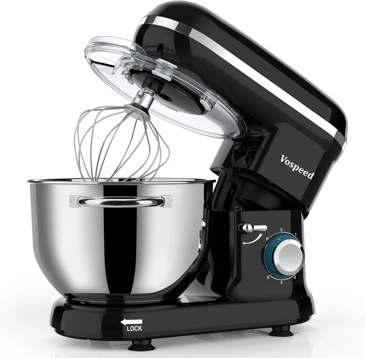 Küchenmaschine, 6.2 L, Vospeed, Edelstahl, Schwarz, Knetmaschine zum Backen mit Edelstahlschüssel, Elektrischer Standmixer mit 6 Geschwindigkeiten
