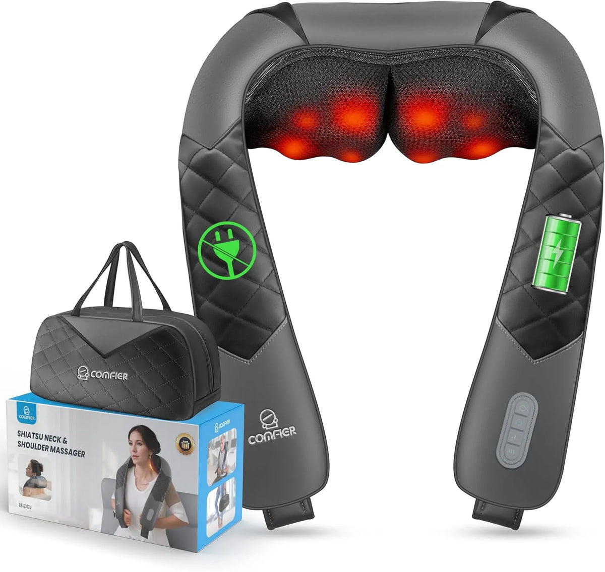 3D-Shiatsu-Nacken-Schulter-Massagekissen Shiatsu-Nacken-Schulter-Massagekissen, Nackenmassagegerät, Rückenmassagegerät, Tragetasche, tragbar