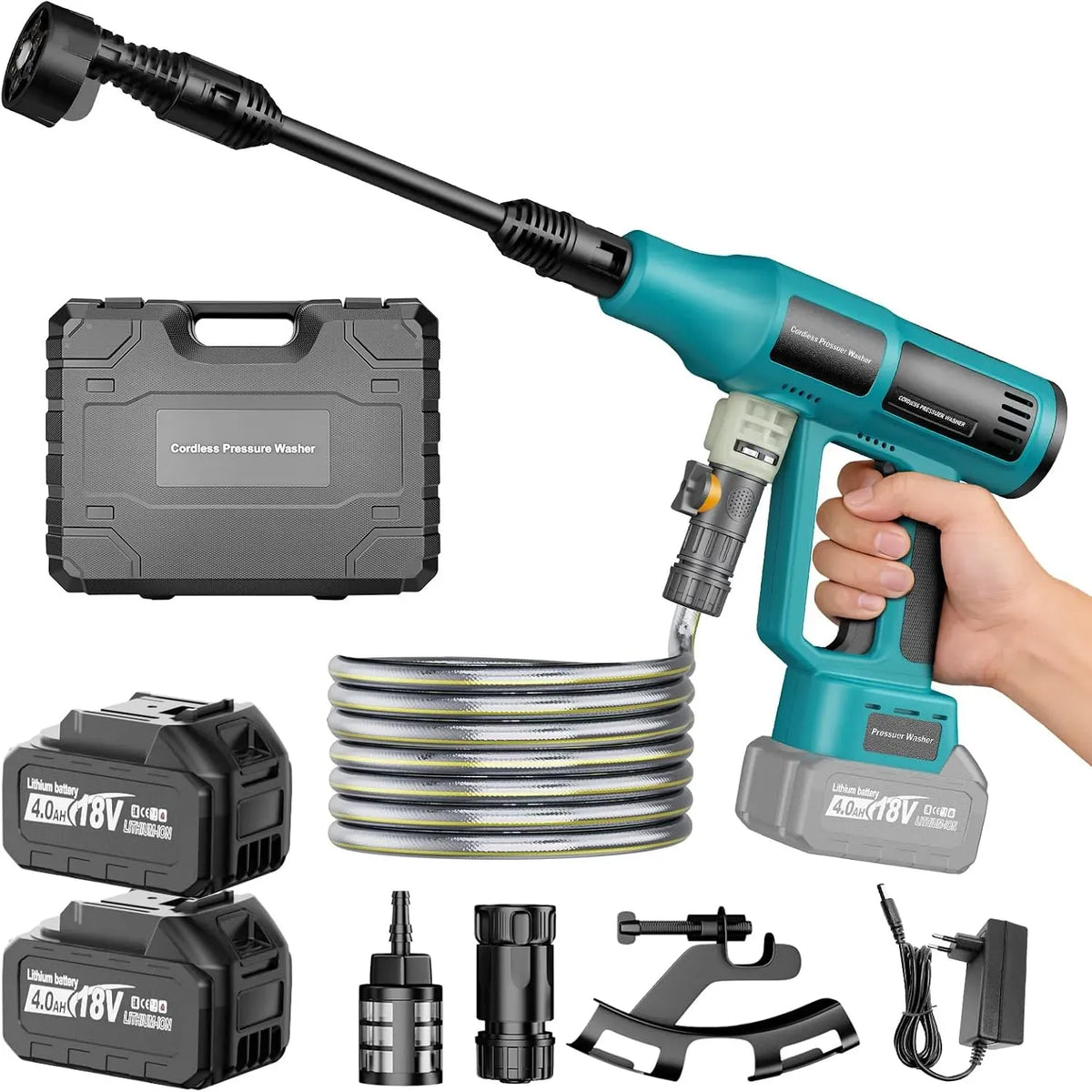 Makita Hochdruckreiniger, 18 V, 700PSI Mobiler Akku Druckreiniger Kompatibel mit 18V Akkus, 5M Schlauch für Auto Graten, 0Ah, 6-in-1Düse