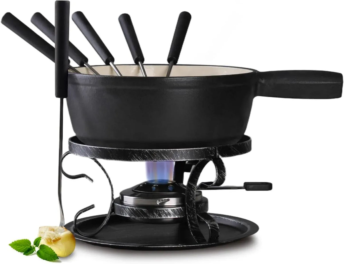 Artestia Käsefondue-Set aus Gusseisen, traditionelles Schweizer Gusseisen-Fondue-Set für Käse, Fleisch und Schokolade, schwarz matt