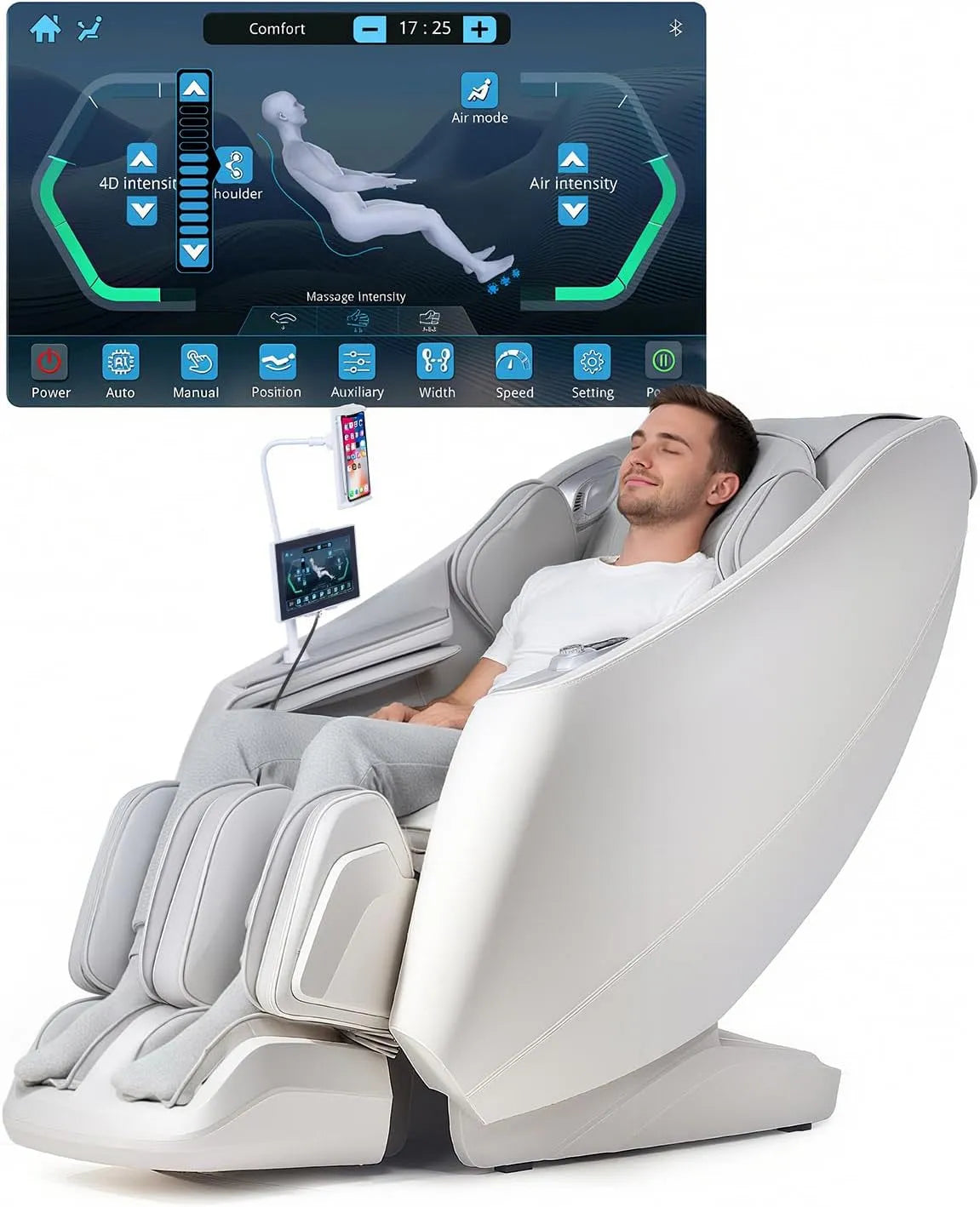 Relax- und Massagesessel, Touch-Bedienung, Weiß, 4D Massage, SL-Schiene