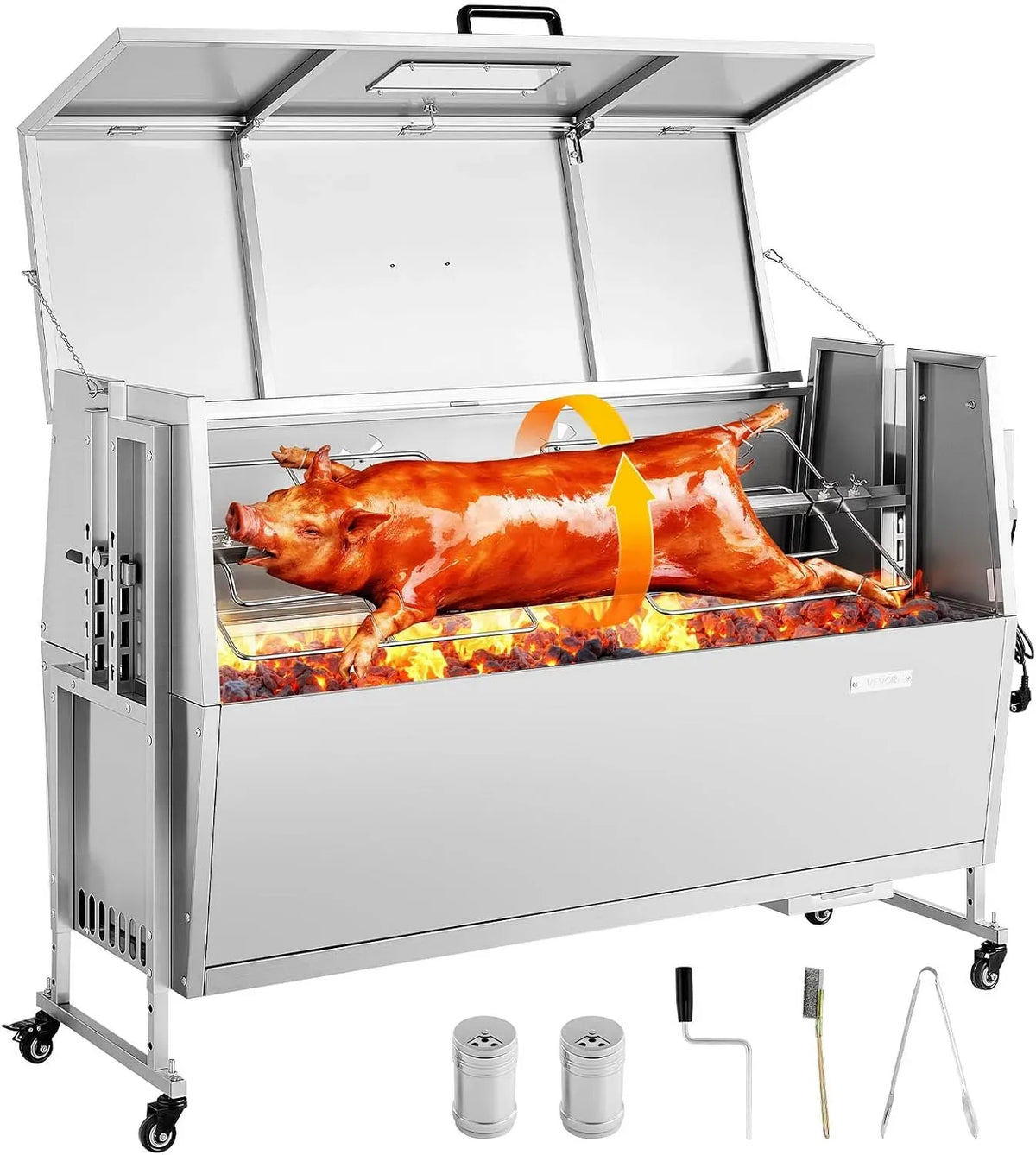 VEVOR 4-facher Spanferkelgrill, Drehspießgrill, Holzkohlegrill, Lammgrill, 132 cm, 38 W, 60 kg, Camping, Edelstahl, für Camping