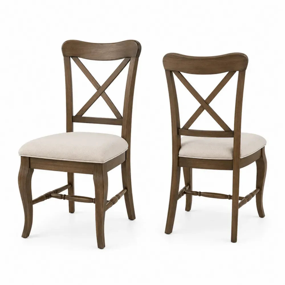 Esszimmerstühle 2er Set mit X-Rückenlehne Kautschukholz Polyestergewebe Braun Beige 48 x 53 x 95 cm