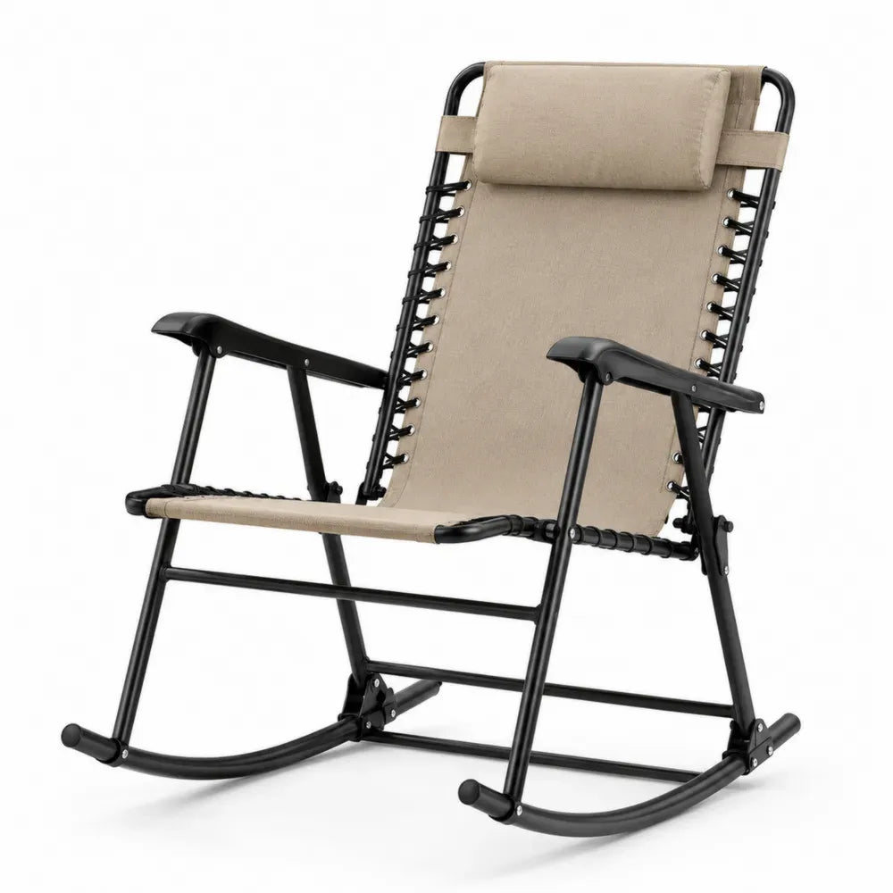 Gartenschaukelstuhl mit Armlehnen und Kopfkissen pulverbeschichteter Stahl Polyestergewebe beige schwarz 98 x 67 x 106 cm