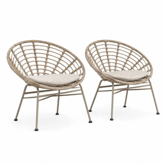 Gartenstühle 2er Set Loungesessel mit Sitzkissen ovale Sitzschale PE-Rattan Stahl naturfarben taupe creme 80 x 73 x 78 cm