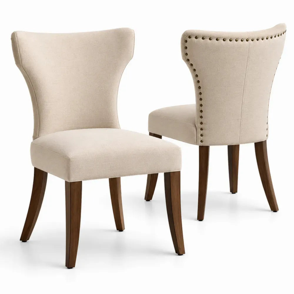 Esszimmerstühle 2er Set Polsterstühle mit hoher Rückenlehne Polyestergewebe Kautschukholz Beige Braun Messingfarben 52 x 61 x 97 cm