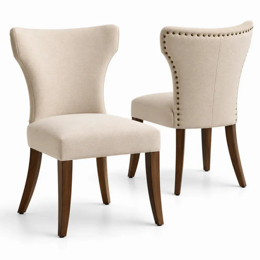 Esszimmerstühle 2er Set Polsterstühle mit hoher Rückenlehne Polyestergewebe Kautschukholz Beige Braun Messingfarben 52 x 61 x 97 cm