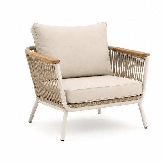 Gartensessel mit Armlehnen Sitzkissen Rückenkissen Aluminium PP-Seilgeflecht Akazienholz creme natur beige 78 x 76 x 82 cm