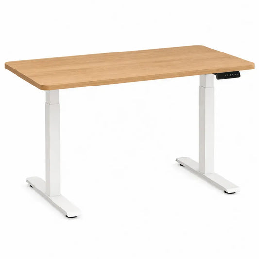 Elektrisch höhenverstellbarer Schreibtisch MDF Platte Stahlgestell rechteckig Eiche Weiß 120 x 60 x 72-118 cm