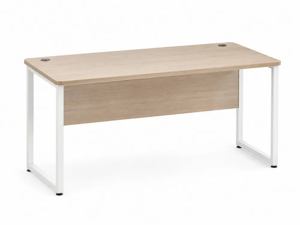Schreibtisch mit Kabeldurchlässen 160 x 80 x 75 cm melaminbeschichtete Spanplatte Stahlgestell rechteckig Eiche hell Weiß