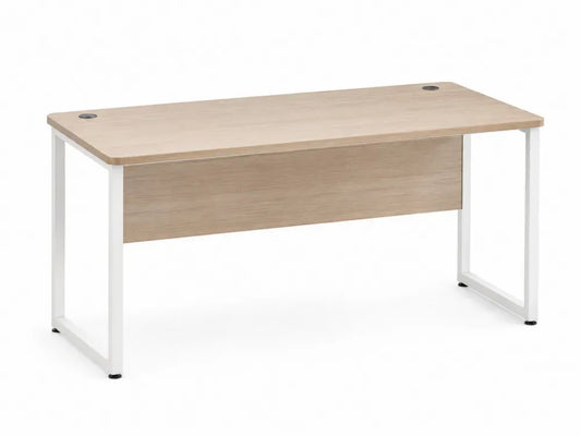 Schreibtisch mit Kabeldurchlässen 160 x 80 x 75 cm melaminbeschichtete Spanplatte Stahlgestell rechteckig Eiche hell Weiß