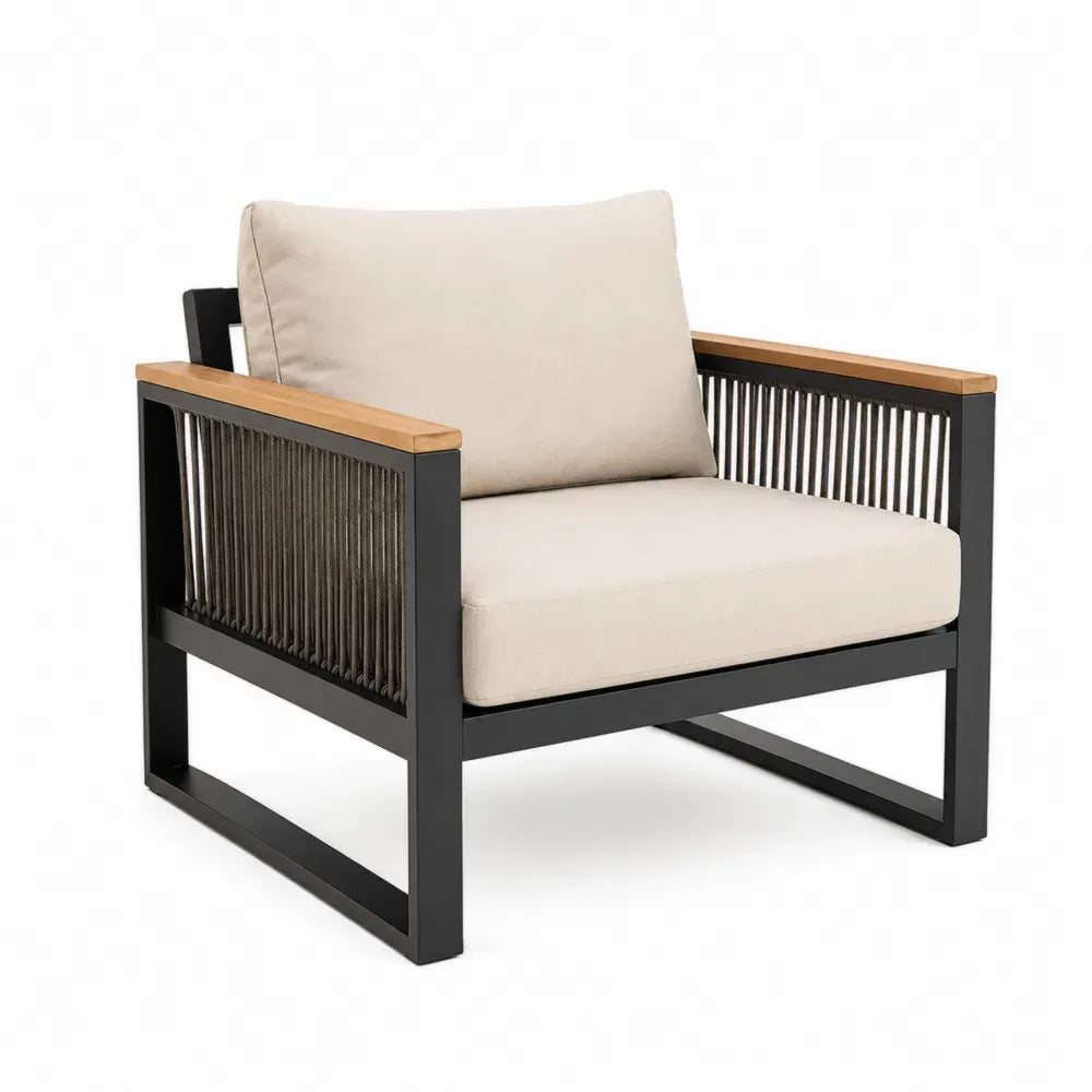 Gartensessel Lounge Sessel mit Armlehnen rechteckig Stahl Polypropylen-Seilgeflecht Akazienholz Cremebeige Schwarz 86 x 82 x 78 cm