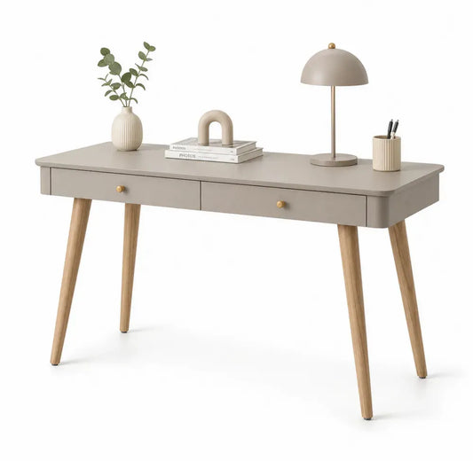 Schreibtisch mit 2 Schubladen MDF Kautschukholzbeinen rechteckig Grau Natur 110 x 55 x 76 cm