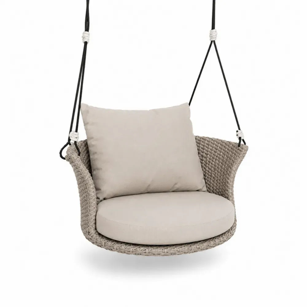 Hängesessel Gartenstuhl rund mit Kissen PE-Rattan Stahl Polyester Beige Cremebeige Schwarz 90 x 75 x 62 cm