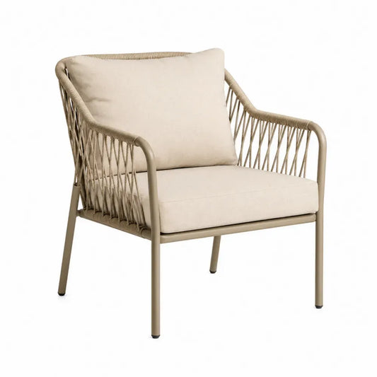 Gartensessel Lounge-Stuhl mit Armlehnen rechteckig Stahlrohr Polypropylen-Seilgeflecht Polyester Beige Cremebeige 78 x 79 x 77 cm