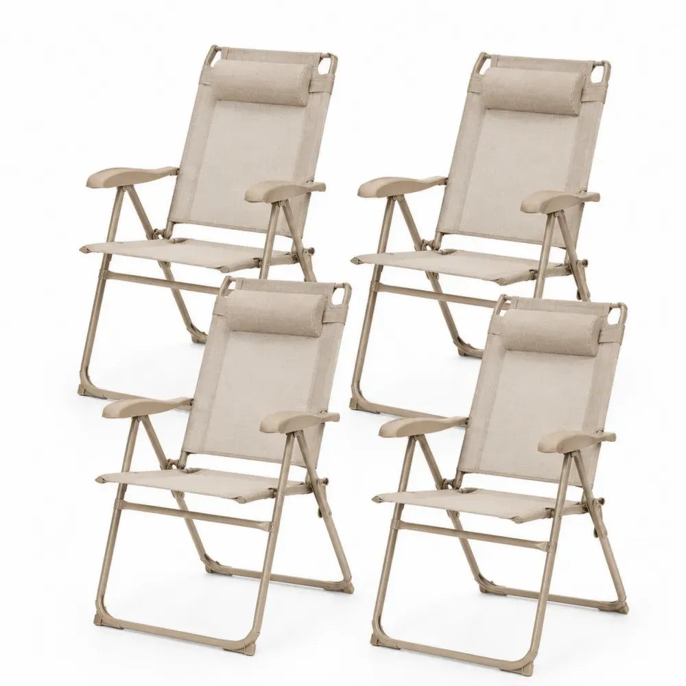 Gartenstühle 4er Set Klappstühle verstellbar mit Kopfkissen rechteckige Sitzfläche Stahl PVC-beschichtetes Polyester Beige 65 x 70 x 110 cm