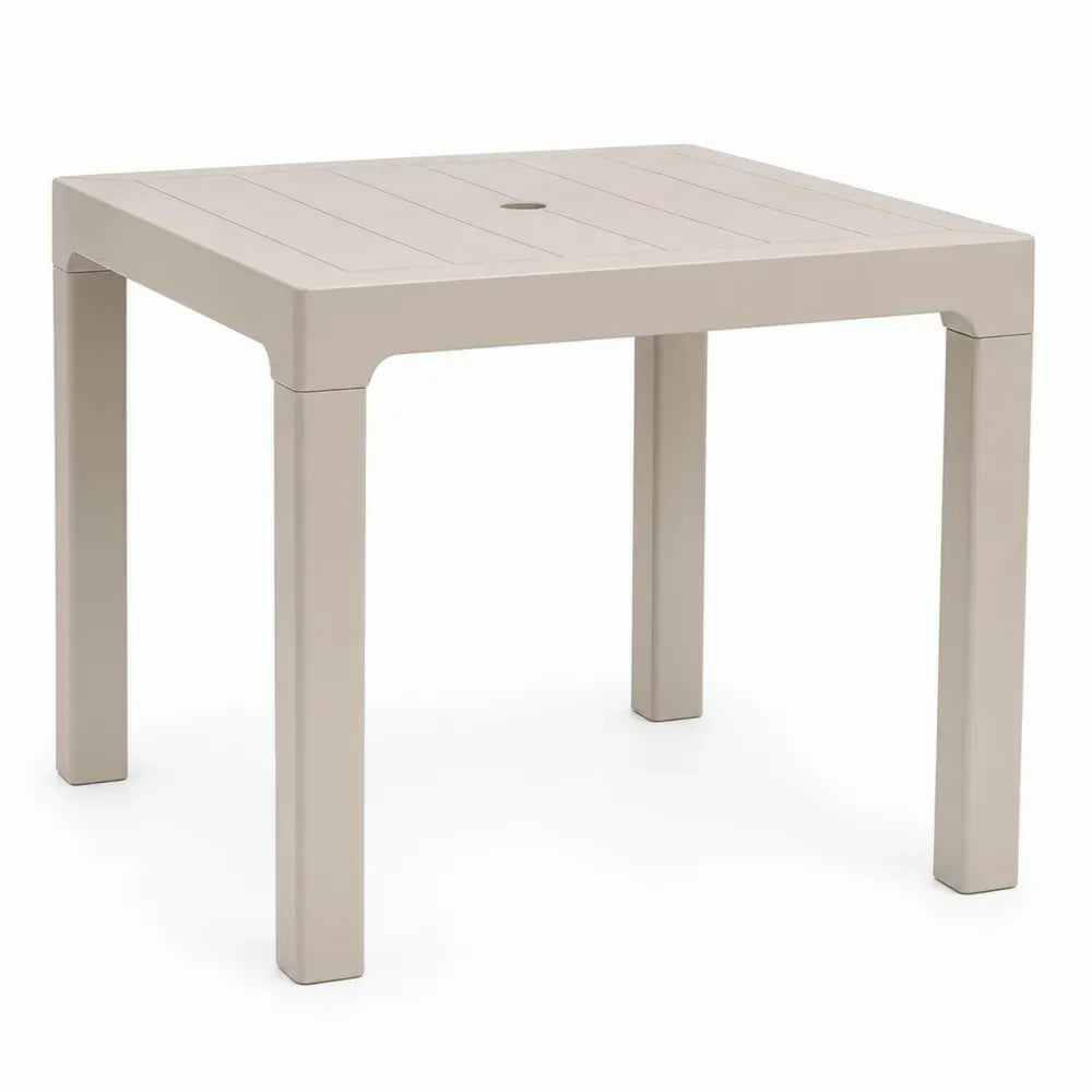 Gartentisch quadratisch mit Schirmloch 90 x 90 x 74 cm Polypropylen Lamellentischplatte Taupe Schwarz
