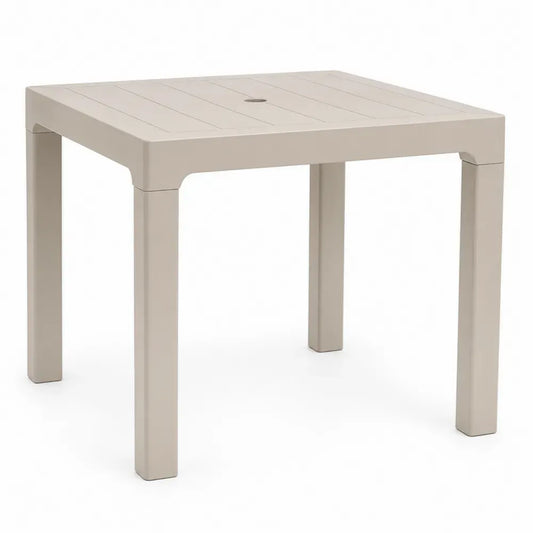 Gartentisch quadratisch mit Schirmloch 90 x 90 x 74 cm Polypropylen Lamellentischplatte Taupe Schwarz