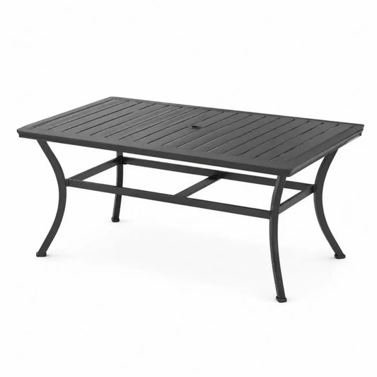 Gartentisch rechteckig 150 x 90 x 74 cm pulverbeschichteter Stahl Lamellentischplatte mit Sonnenschirmöffnung Schwarz
