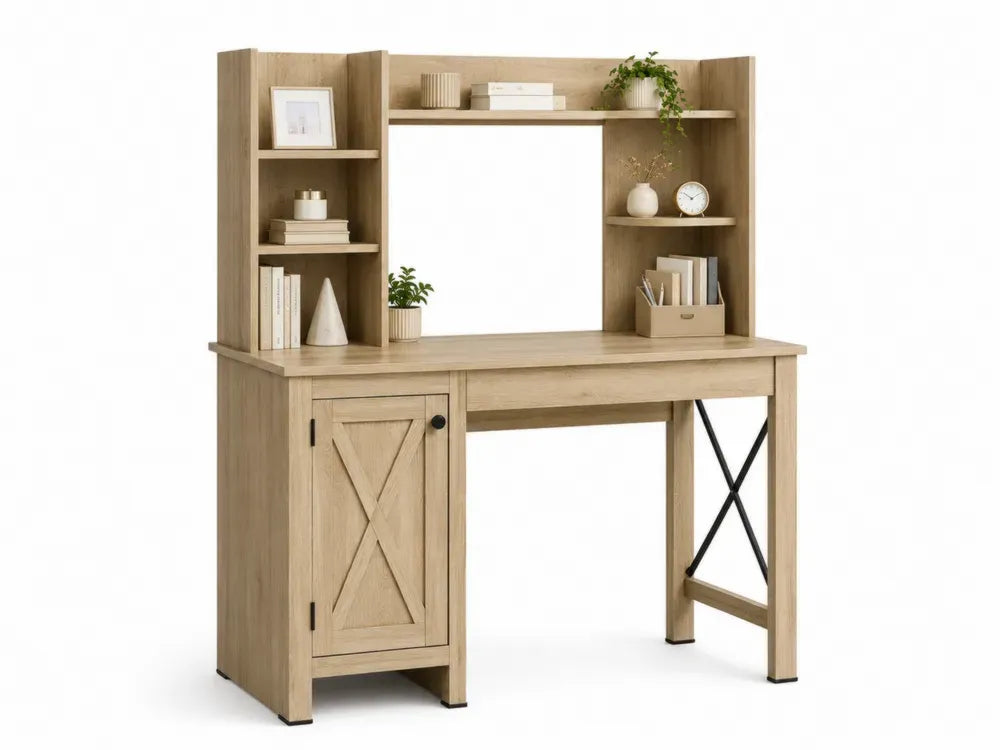 Schreibtisch mit Regalaufsatz und Schrank 120 x 55 x 140 cm melaminbeschichtete Spanplatte rechteckig Eiche hell Schwarz