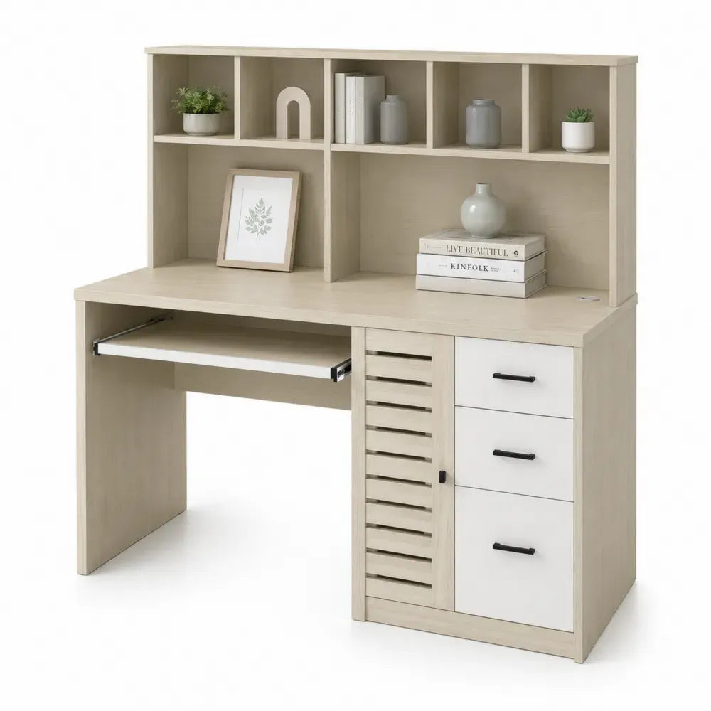 Schreibtisch mit Aufsatzregal Tastaturauszug 3 Schubladen 1 Tür 120 x 55 x 150 cm melaminbeschichtete Spanplatte rechteckig Eiche hell Weiß