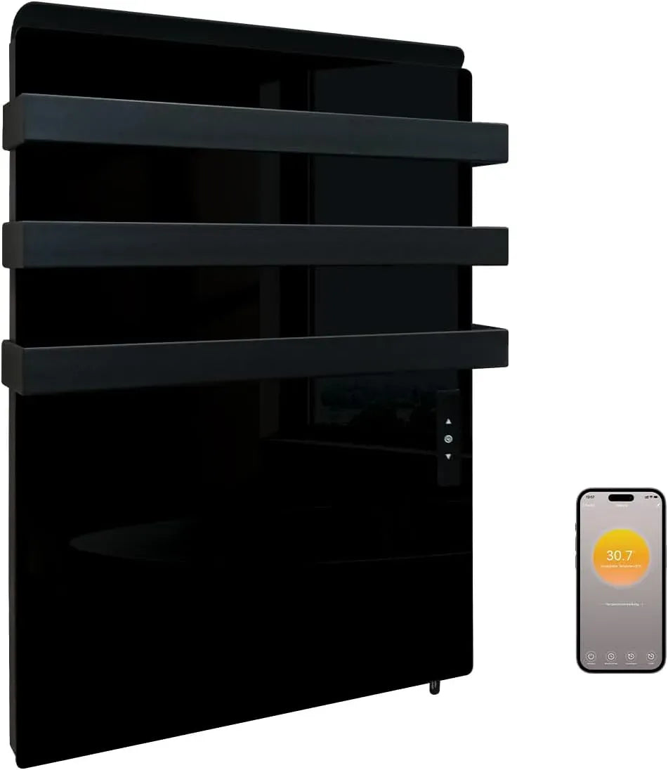 Wäschetrockner, 730 W, Touch-Bedienung, App, Thermostat, Schwarz, Infrarot Wandheizung mit App Steuerung, Elektroheizung mit Touchscreen