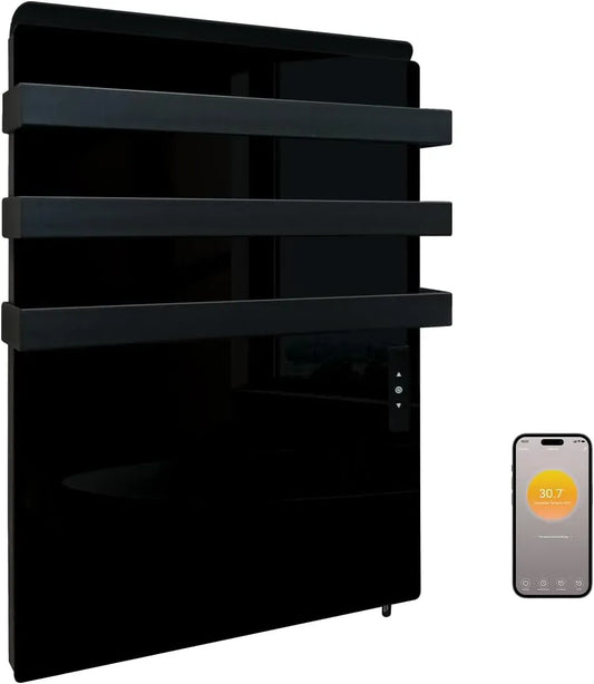 Wäschetrockner, 730 W, Touch-Bedienung, App, Thermostat, Schwarz, Infrarot Wandheizung mit App Steuerung, Elektroheizung mit Touchscreen