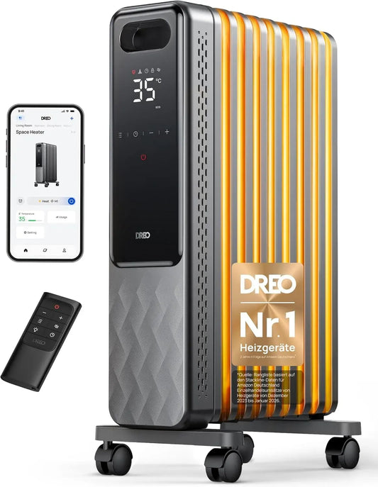 Elektroheizung, 2000 W, Dreo 24h OH310, Timer, Thermostat, Mobile Elektroheizung 9 Rippen mit Fernbedienung, Ölradiator Energiesparend 2000W