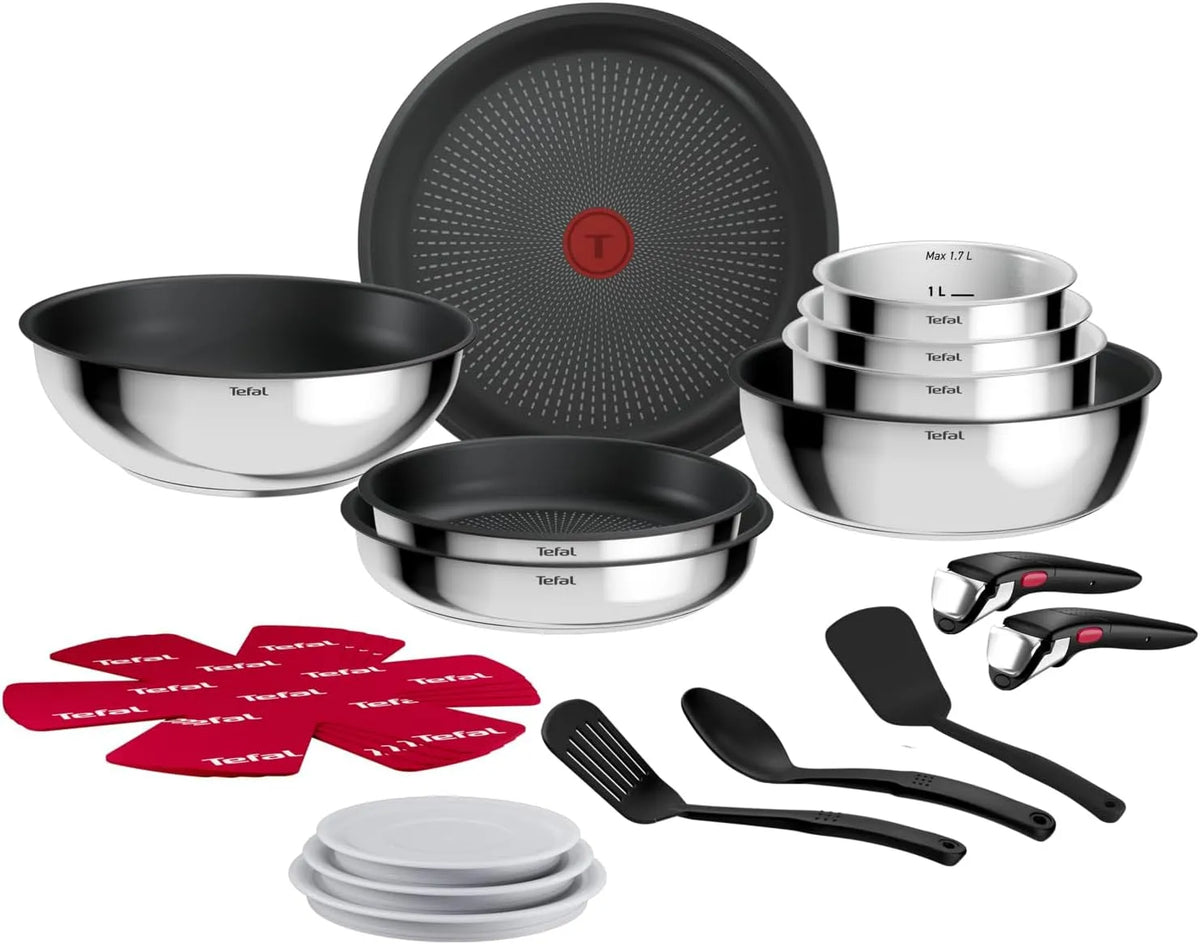 Tefal 20-tlg. L966SK44 Kochgeschirr-Set, stapelbar, Ingenio Comfort Max 20-tlg, platzsparend, Titanium Antihaftversiegelung, Edelstahl