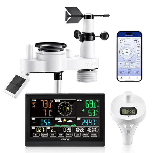 VEVOR WLAN-Wetterstation, Poolthermometer, Außensensor, Regenmesser, Funkwetterstation, für Wettervorhersage, VEVOR 7 7-in-1, 7,5 Zoll