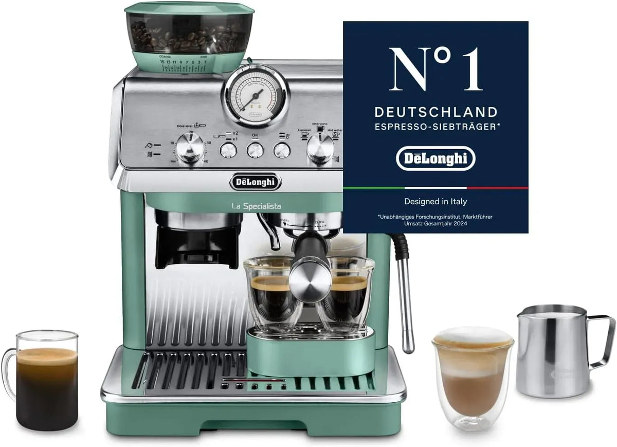 De'Longhi EC9155.GR Milchaufschäumer, 1550 W, Milchschäumer, Grün, Barista-Espressomaschine mit 8 Mahlgradeinstellungen