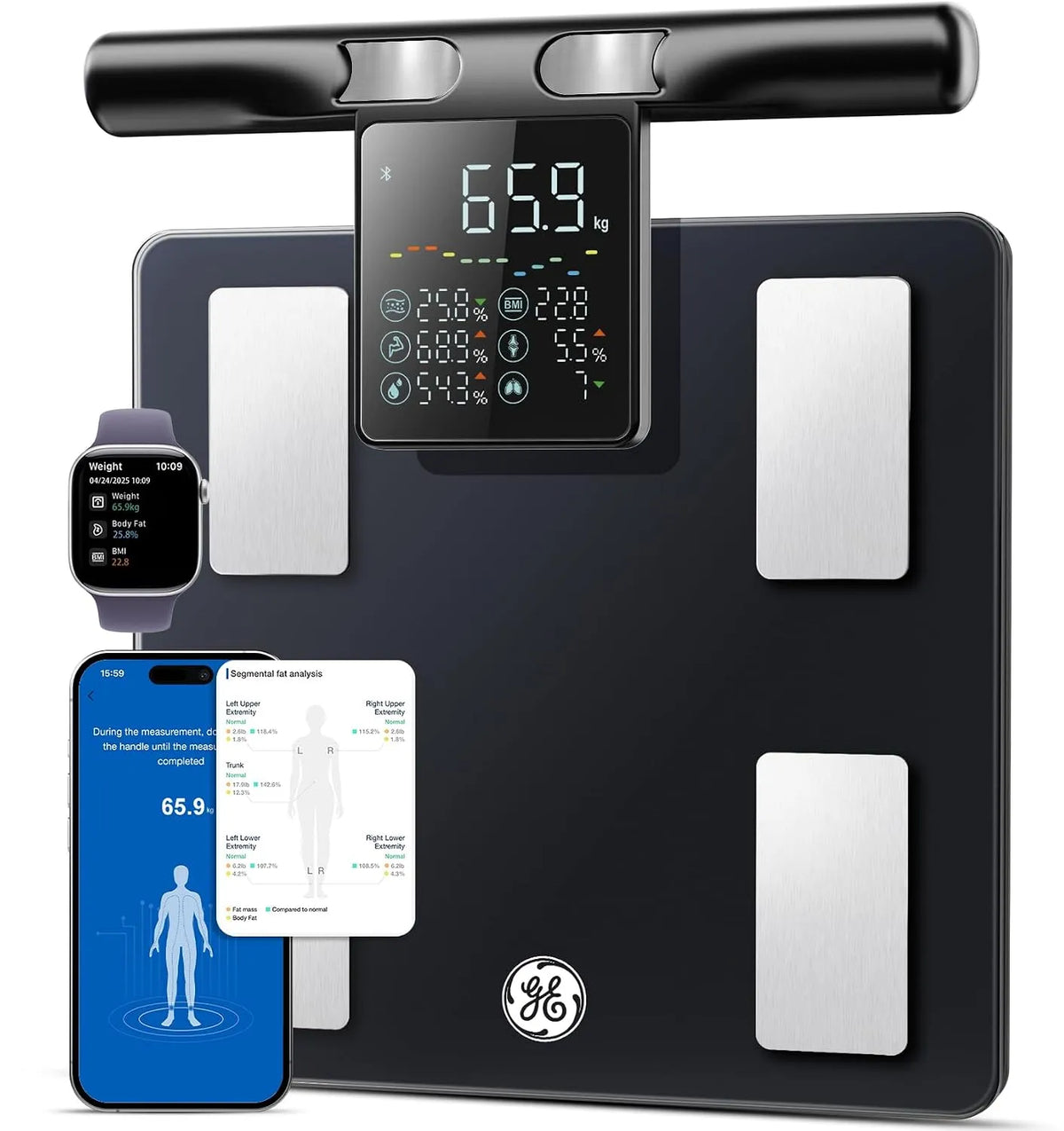 Körperfettwaage, 180 kg, Bluetooth, Smart, GE Smart Körperfettwaage mit Handsensoren