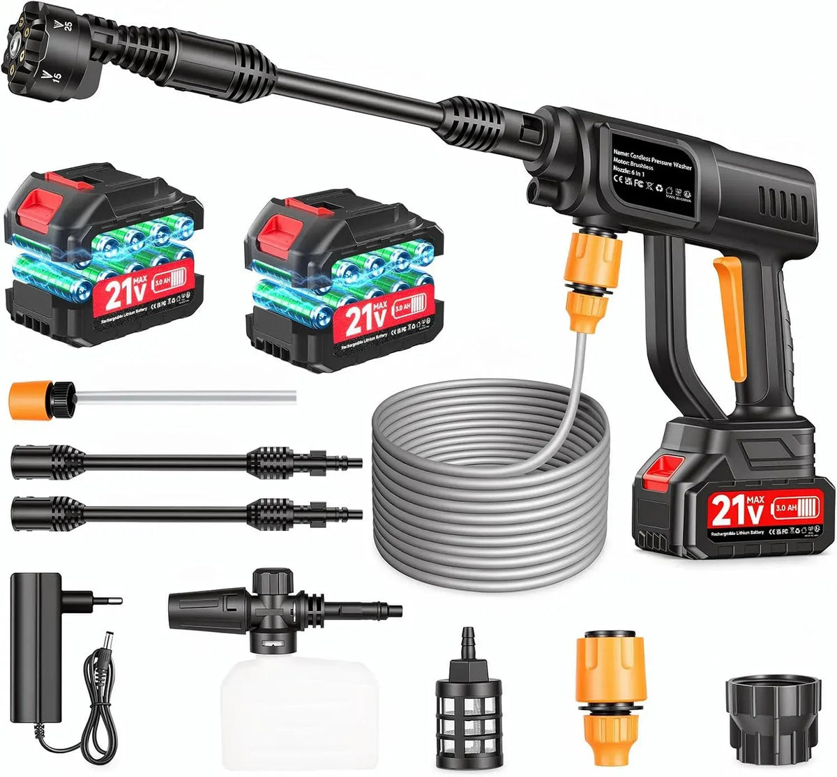 Hochdruckreiniger 6-in-1, 0 Ah Batterie Set mit 2 Akkus