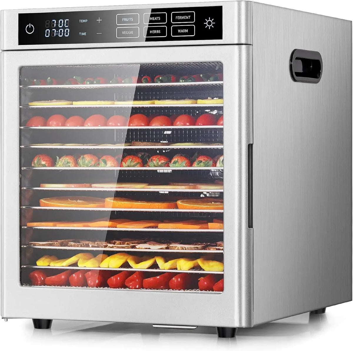 Dörrautomat, Lebensmitteltrockner, 800 W, Timer, 2 Temperaturzonen, Edelstahl, für Früchte