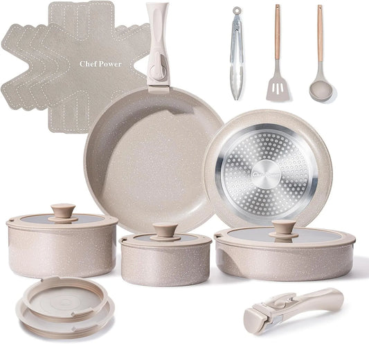 Geschirrspüler 19-teilig, Spülmaschine, Antihaftbeschichtung, Chef Power Keramik-Kochgeschirr-Set, abnehmbarem Griff, abnehmbarer Griff