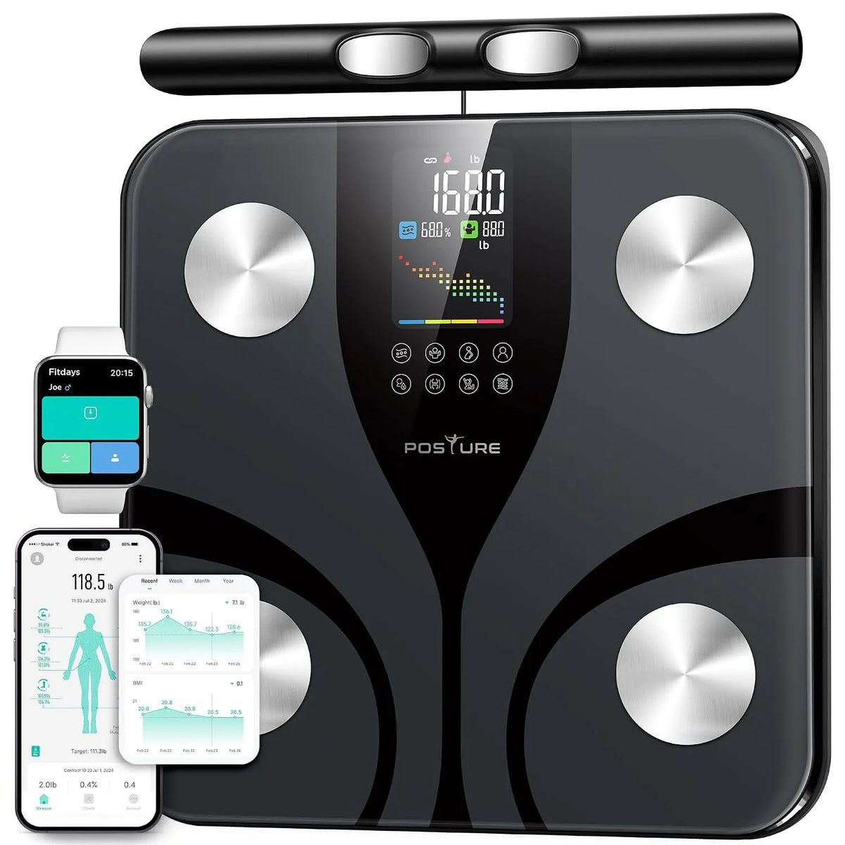 Körperfettwaage, Personenwaage, 8 Elektroden, LCD-Display, für Körperfettanteil