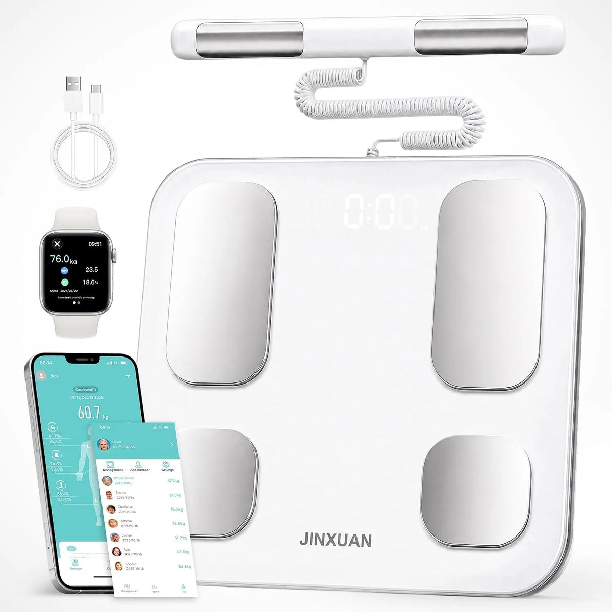 Körperanalysewaage, Körperfettwaage, 180 kg, 8 Elektroden, Bluetooth