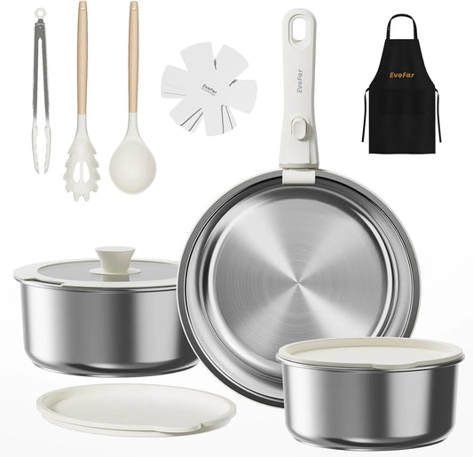 Geschirrspüler, 24 cm, Spülmaschine, Edelstahl, Edelstahl Topfsets Pfannenset 14 Tlg ohne Beschichtung, 18/20 cm Töpfe, abnehmbarem Griff, stapelbar