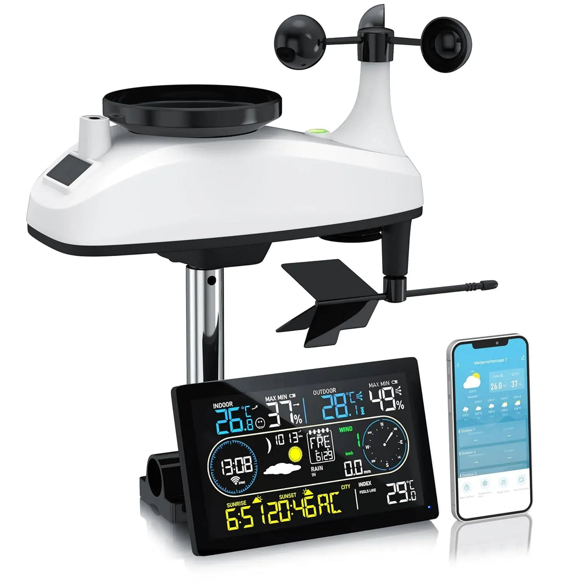 7in1 Wetterstation, Außensensor, Regenmesser, Windmesser, Funkwetterstation, WLAN, App