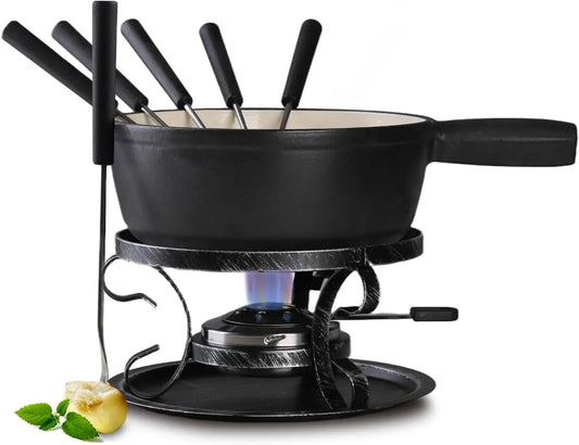 Artestia Käsefondue-Set aus Gusseisen, traditionelles Schweizer Gusseisen-Fondue-Set für Käse, Fleisch und Schokolade, schwarz matt