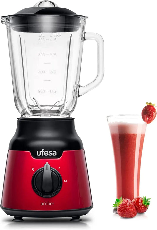 Standmixer, 0,8 L, 900 W, Ufesa BS4100, Edelstahl, Rot, 4 Edelstahlklingen, Red Inox, 2 Geschwindigkeiten + Pulse, Glasbehälter 0,8L, BPA-frei